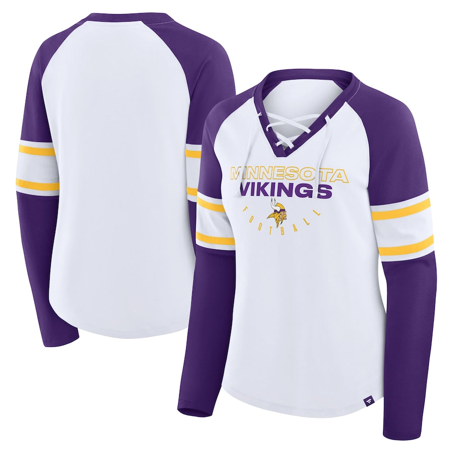 Minnesota Vikings Fanatics Women's White Blitz Lace-Up Long Sleeve T-Shirt Womens Fanatics