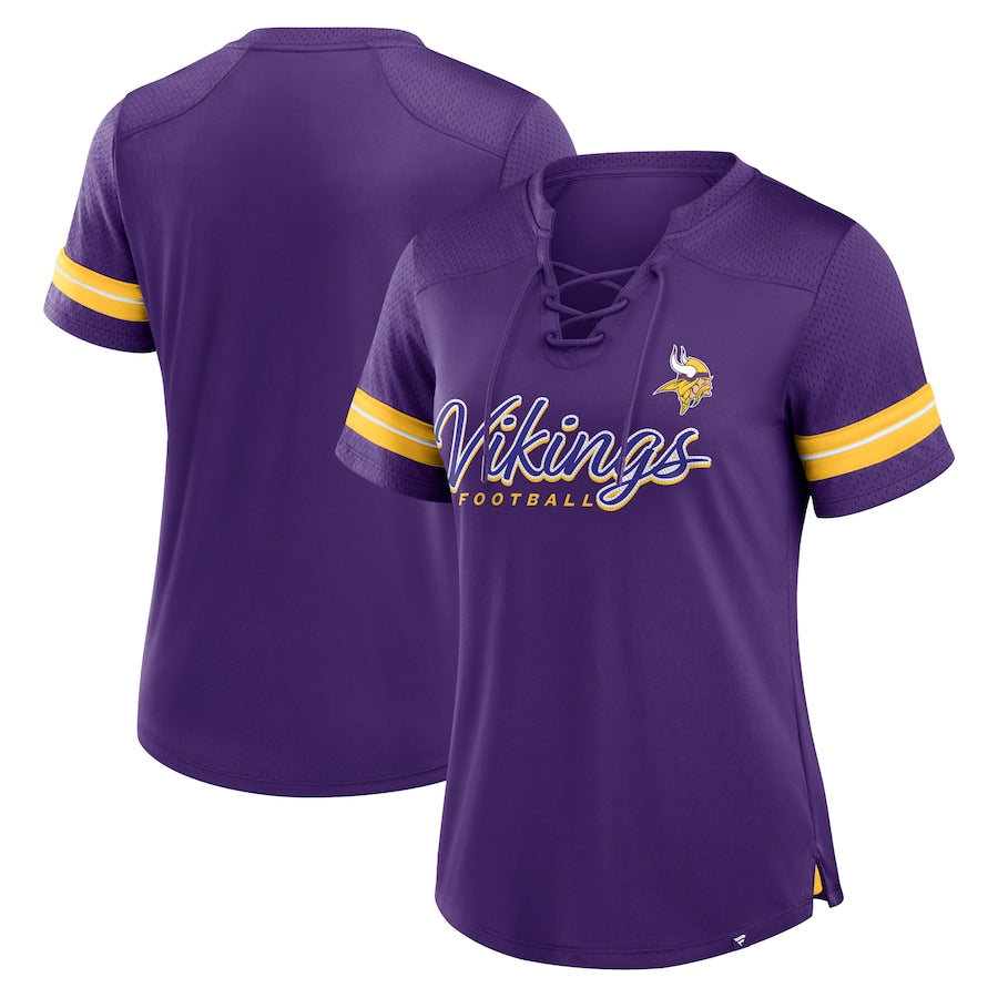 Minnesota Vikings Women s Lace Up Rhinestone V Neck Jersey Tee Fan HQ