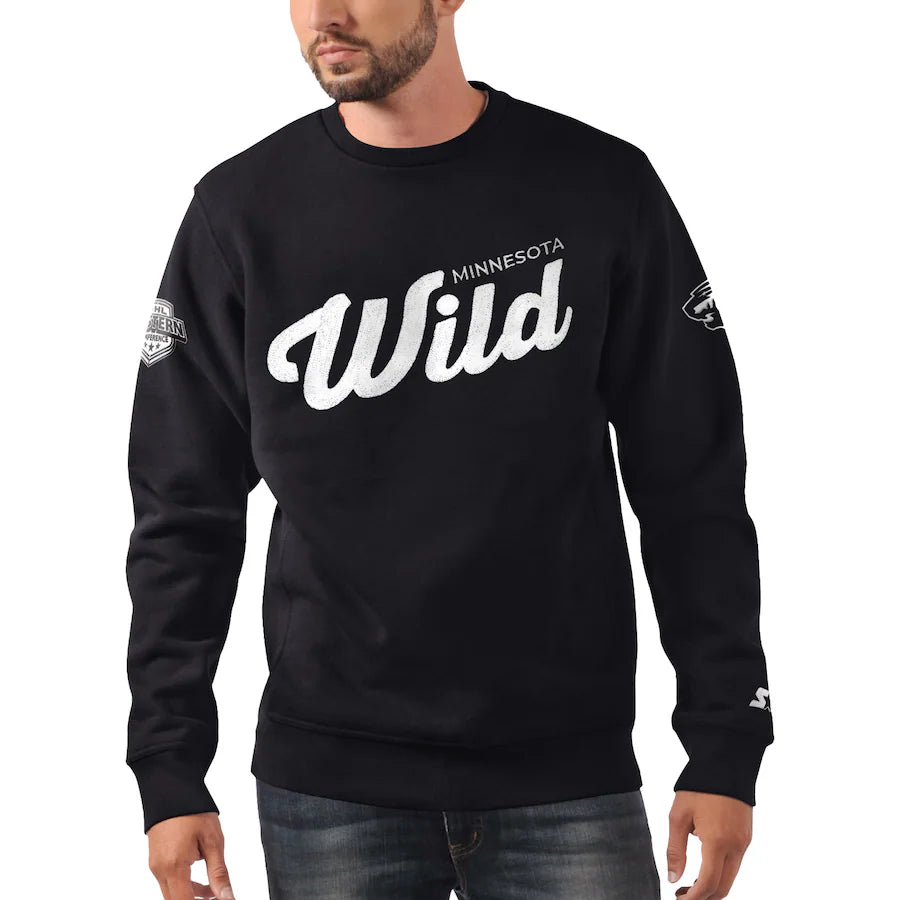 Minnesota Wild Starter Black Cross Check Pullover Crewneck Sweatshirts Adidas   