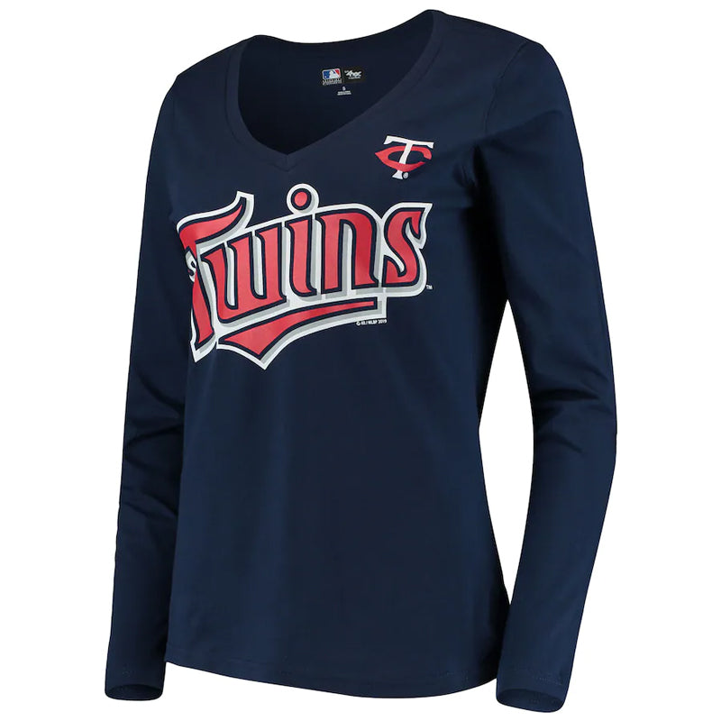 Women's Minnesota Twins Fanatics Branded White/Navy Iconic Noise Factor  Pinstripe V-Neck T-Shirt
