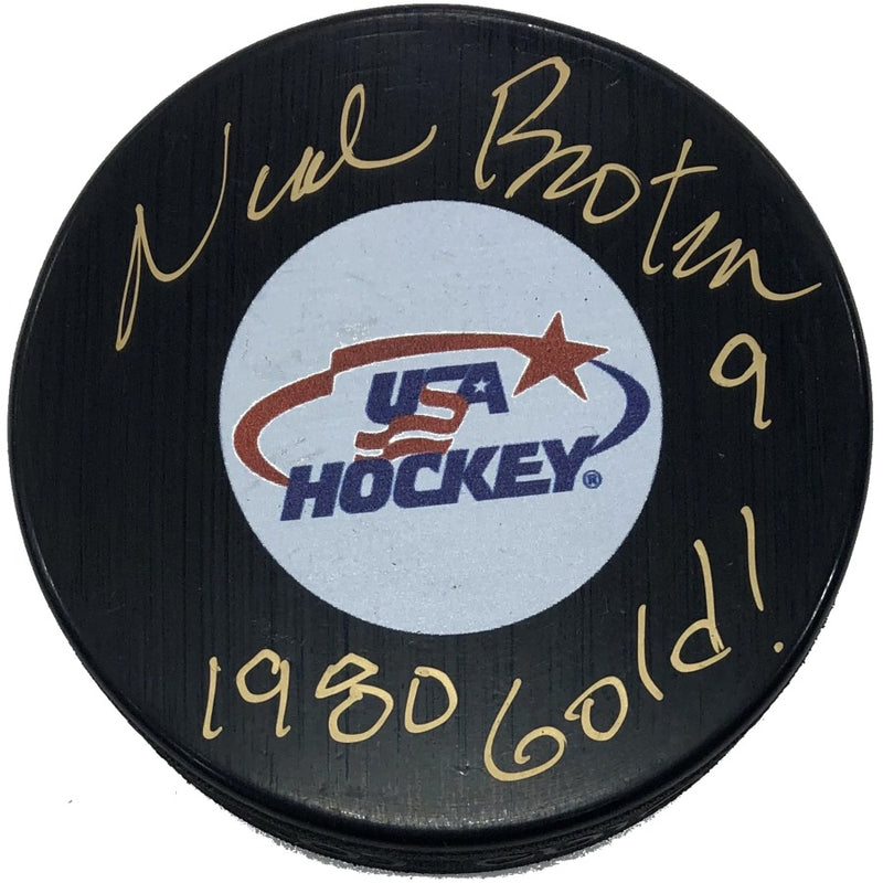 Neal Broten Autographed USA Hockey Puck 1980 Gold Inscription
