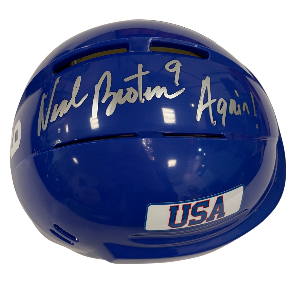Neal Broten Autographed Royal Blue Mini Helmet "Again!" (#7/9) Autographs FanHQ   