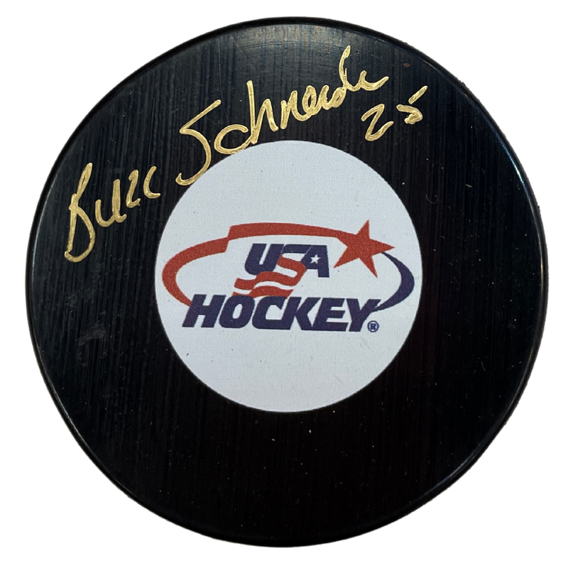 Buzz Schneider Autographed USA Hockey Logo Puck Autographs Fan HQ   