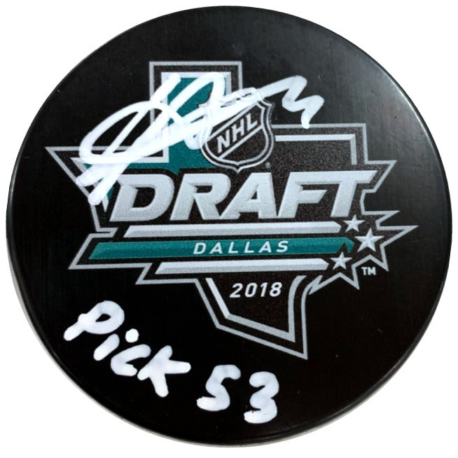 Calen Addison Signed and Inscribed 2018 NHL Draft Puck Minnesota Wild (Standard Number)