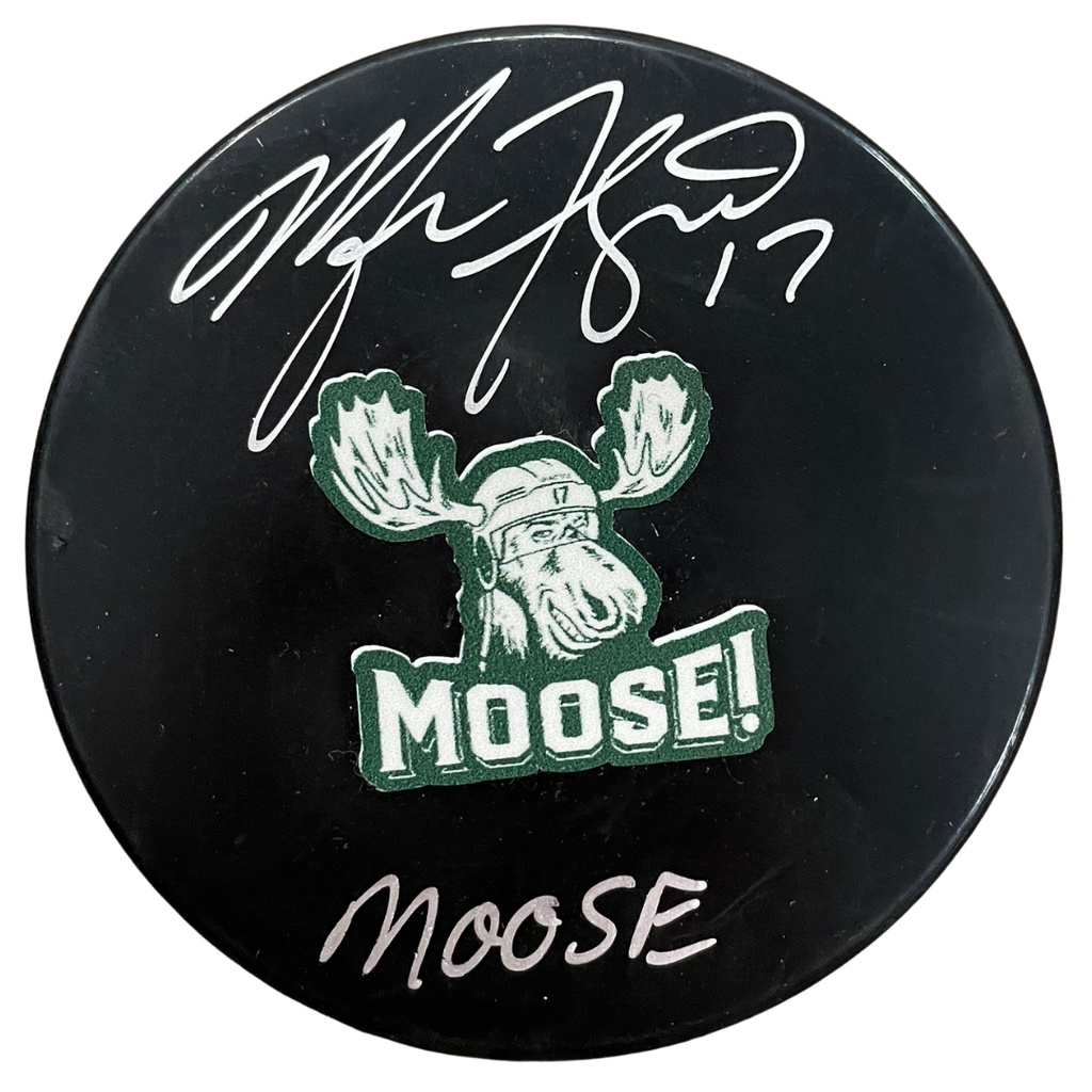 Marcus Foligno Autographed Fan HQ Exclusive SotaStick Art Moose! Puck w/ Moose Inscription (Numbered Edition) Autographs FanHQ Number 17/17  