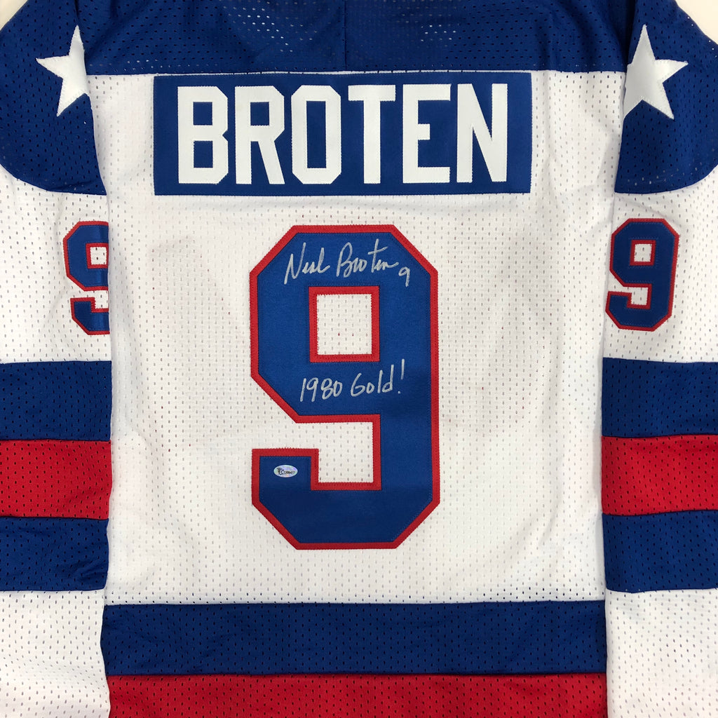 Neal Broten Autographed 1980 USA Olympic Replica Jersey w/ 1980 Gold! Inscription