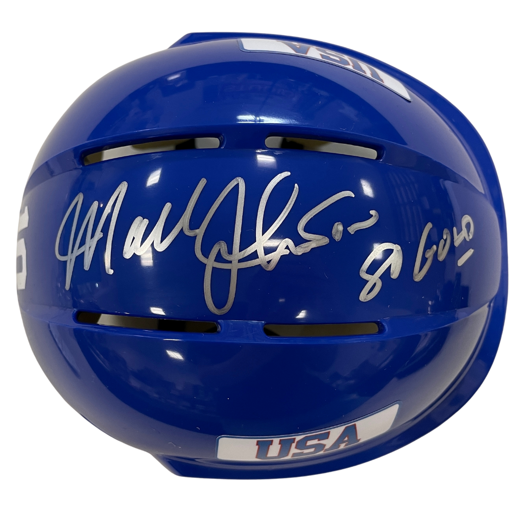 Mark Johnson Autographed Royal Blue Mini Helmet "80 Gold" (Standard Number) Autographs FanHQ   