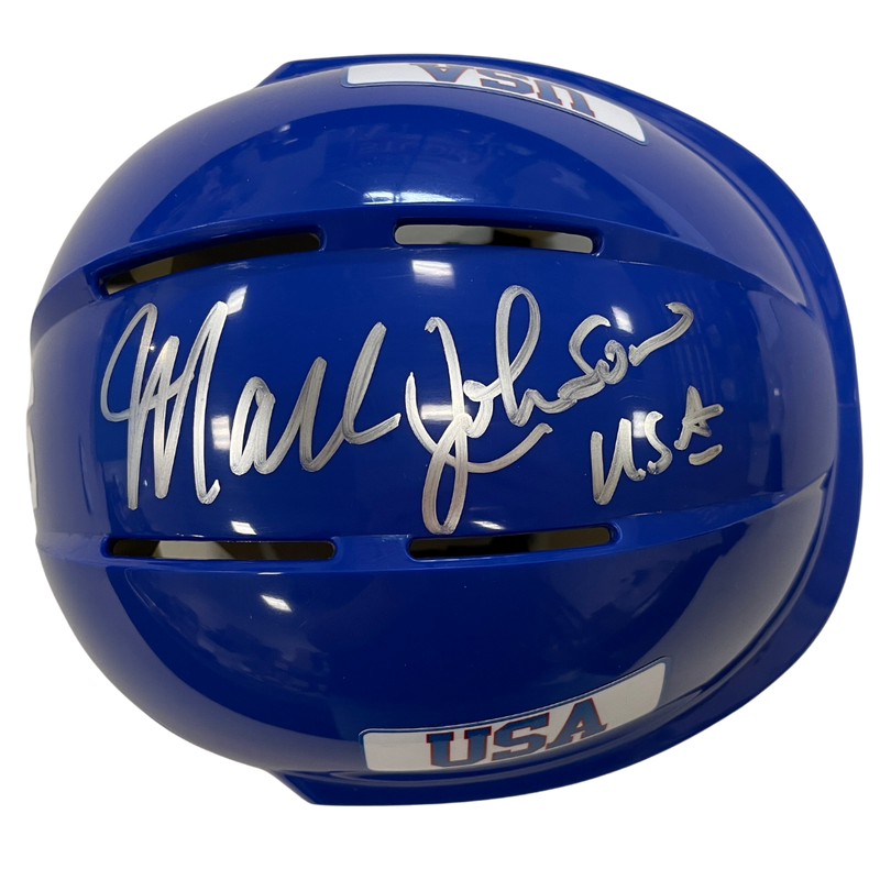 Mark Johnson Autographed Royal Blue Mini Helmet "USA" (Standard Number)
