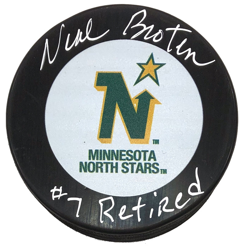 Neal Broten Autographed Minnesota North Stars Puck #7 Retired Inscription