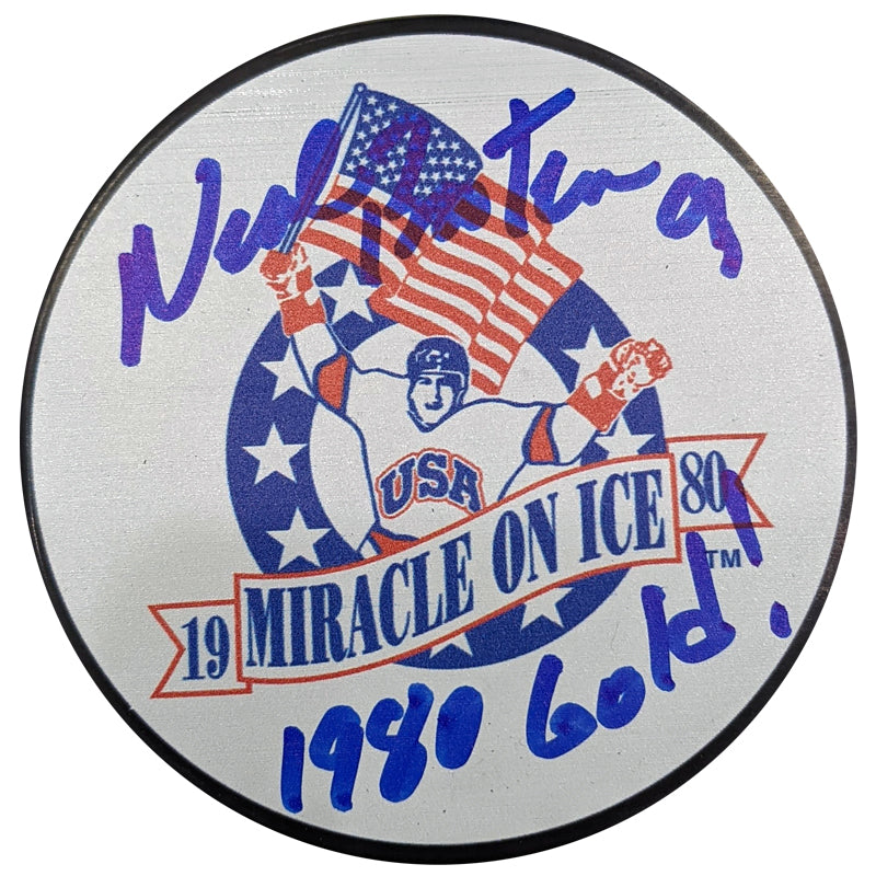 Neal Broten Autographed Miracle On Ice Hockey Puck w/ 1980 Gold Inscription