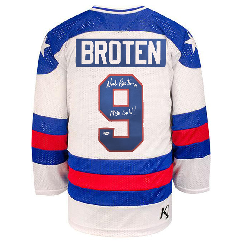 Neal Broten Autographed 1980 USA Olympic Replica Jersey w/ 1980 Gold! Inscription Autographs FanHQ   