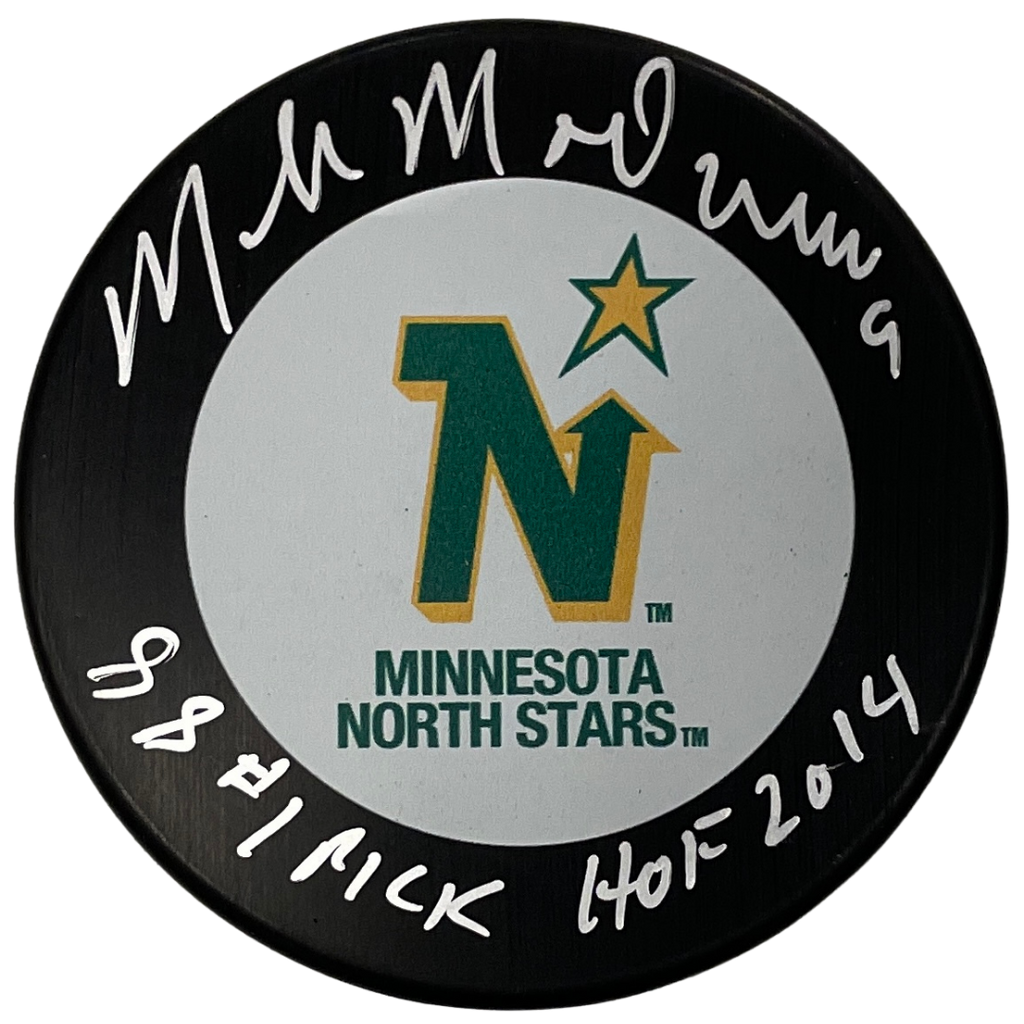Mike Modano Autographed Minnesota North Stars Puck w/HOF and 88 #1 Pick Inscriptions (Standard Number) Autographs FanHQ   