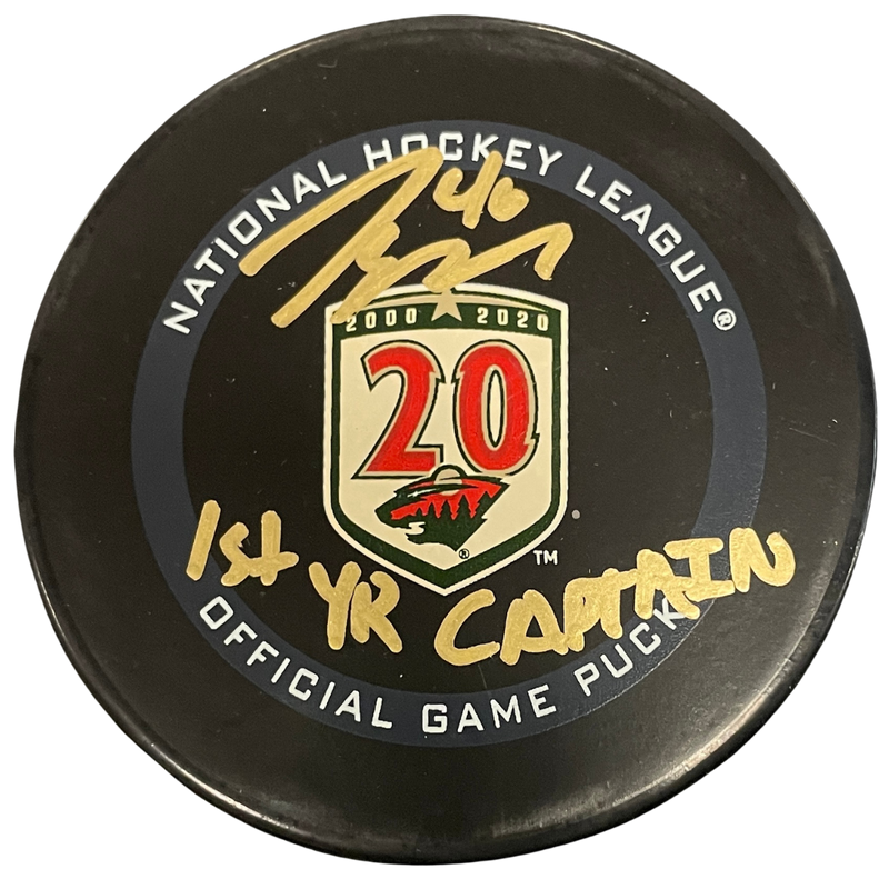 Jared Spurgeon Signed and Inscribed 20th Season Game Puck Minnesota Wild (Numbered Edition)